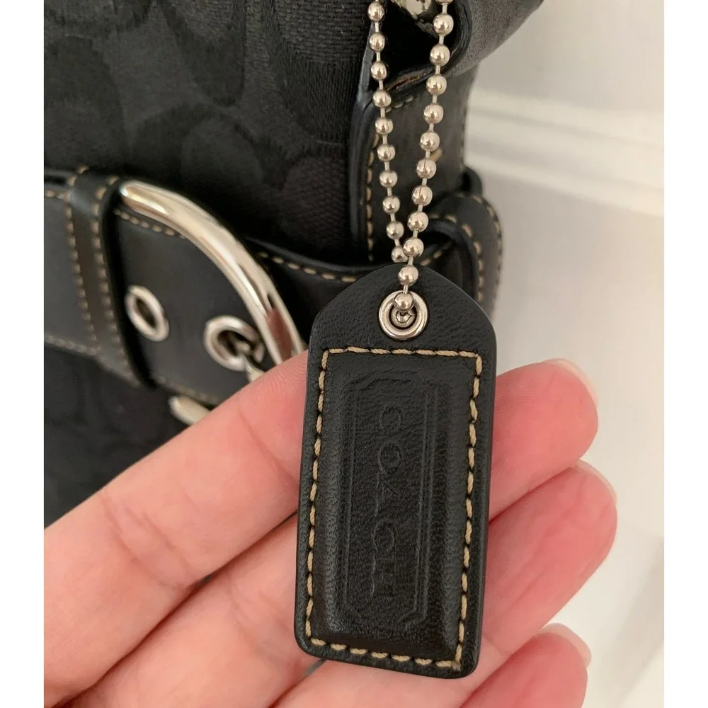 Vintage Coach Black Monogram Canvas Soho Duffle Shoulder Bag Silver Buckles - Picture 10 of 16